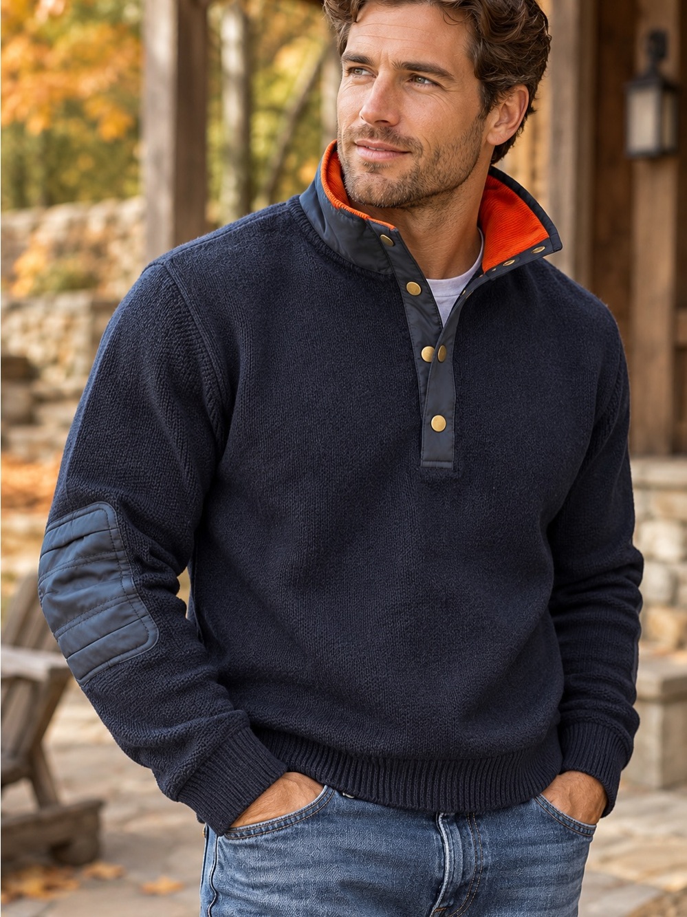 Orvis Navy 100% Wool Quarter Snap Sweater with patch elbows -Large